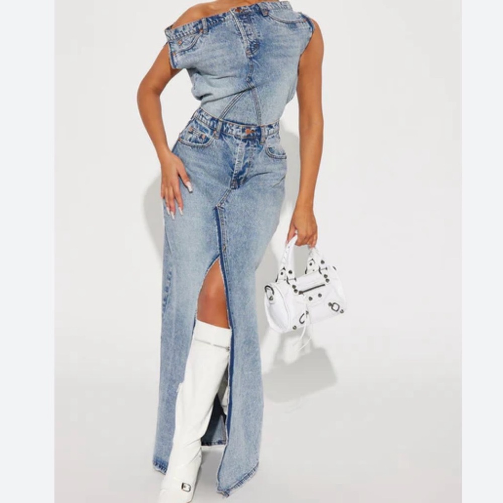 Fashion Nova Denim Off-Shoulder Maxi Dress